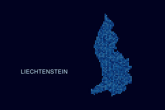 Liechtenstein Map - Blue Dotted Halftone Vector Illustration on Dark Navy Background, Abstract Circle Grid Silhouette Design for Infographic and Modern Presentation Use.