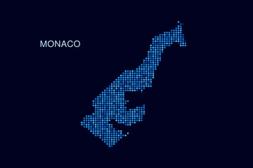 Fototapeta premium Monaco Map - Blue Dotted Halftone Vector Illustration on Dark Navy Background, Abstract Circle Grid Silhouette Design for Infographic and Modern Presentation Use.