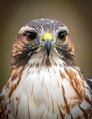 A close-up portrait of a bird with brown and white feathers