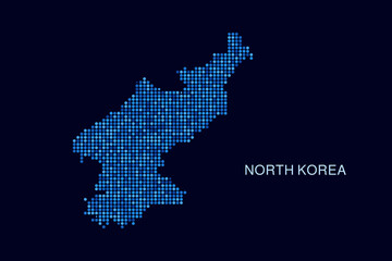 Fototapeta premium North Korea Map - Blue Dotted Halftone Vector Illustration on Dark Navy Background, Abstract Circle Grid Silhouette Design for Infographic and Modern Presentation Use.