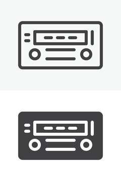 Car radio icon set with audio player panel in line and solid styles. Outline and solid icon with editable stroke vector sign and multimedia symbol.