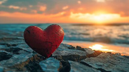 Fototapeta premium Heart shaped object resting on a rocky beach during a warm sunset.