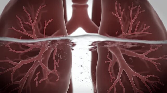 Detailed 3D Animation of Human Lungs with Bronchial Tree Submerged in Water Showing Respiration Process and Air Exchange
