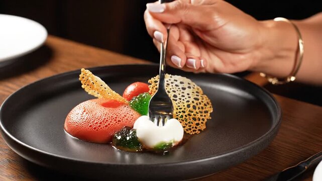 Hand with fork tastes gourmet dessert at fine dining restaurant