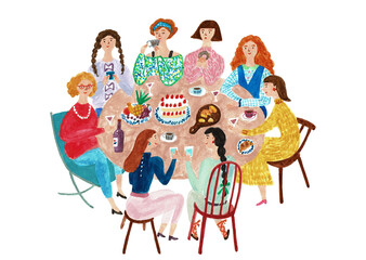 水彩イラスト　丸テーブルを囲む女性たちのホームパーティー　