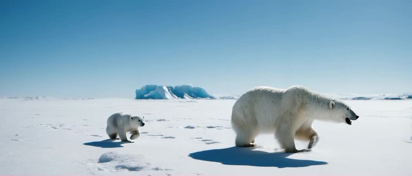 Polar Ice Home. Animal Habitats Around the World. Arctic Habitat. A mother polar bear and her cub walking across a vast, flat snow-covered landscape, set in a bright Arctic tundra with blue icebergs

