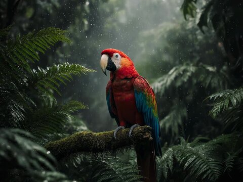 Rainforest Canopy. Animal Habitats Around the World. Jungle Habitat. A bright red macaw parrot perched on a mossy branch surrounded by thick tropical ferns, set in a misty, lush rainforest
