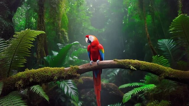 Rainforest Canopy. Animal Habitats Around the World. Jungle Habitat. A bright red macaw parrot perched on a mossy branch surrounded by thick tropical ferns, set in a misty, lush rainforest
