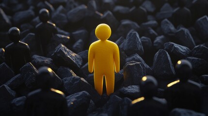 Obraz premium Yellow figure stands out in crowd of dark figures among rocks in a stark contrast scene