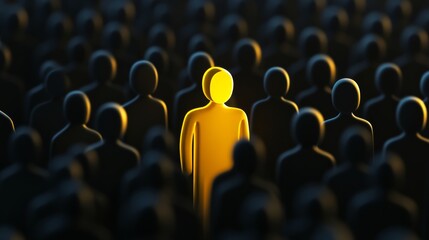 Fototapeta premium Yellow figure stands out among dark figures in a crowd at an unknown location