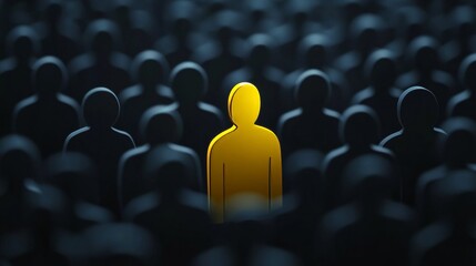 Obraz premium Unique yellow figure stands out among many dark shapes in a crowded setting