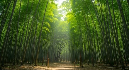 Fototapeta premium Serene bamboo forest with sunlight filtering through