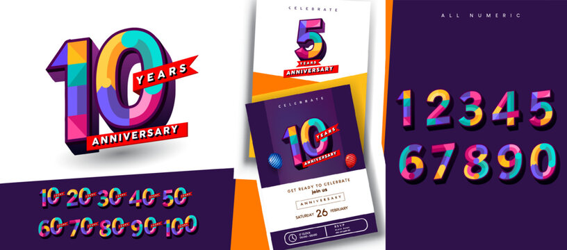 Bold anniversary number collection with vibrant gradient style.Includes milestone numbers 10th - 100th anniversaries and editable invitation design.