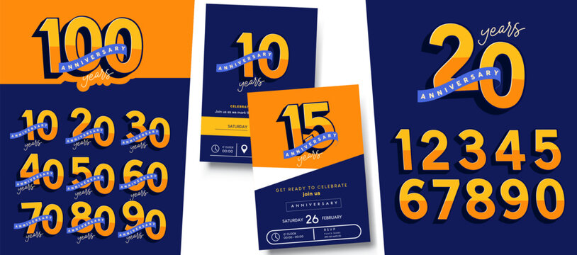 Modern corporate anniversary number design sets, Includes milestone numbers 10th - 100th anniversaries and editable invitation design.