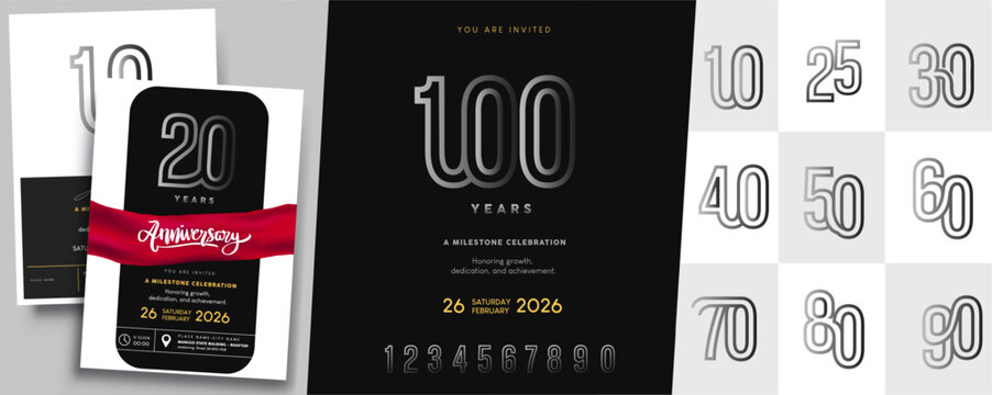 Minimal luxury anniversary number set in black and silver style.Includes milestone numbers 10th - 100th anniversaries and editable invitation design.