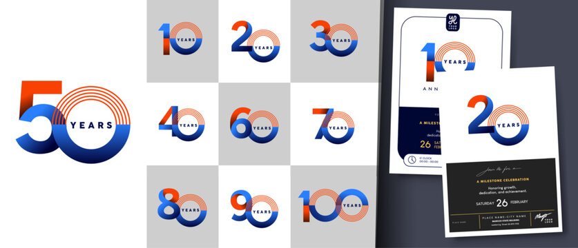 Corporate anniversary number set with modern gradient style. Includes milestone numbers 10th - 100th anniversaries and editable invitation design.