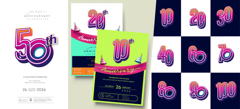 Retro style anniversary number collection with vibrant gradient colors. Includes milestone numbers 10th - 100th anniversaries and editable invitation design.