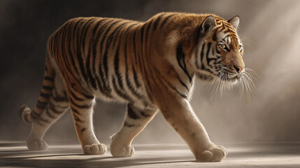 Obraz premium Tiger stalking through a smoky space, illuminated by vivid lights. Perfect for wildlife or dramatic design projects, emphasizing power.