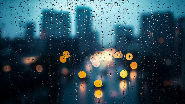 Rainy cityscape viewed through a water droplet covered window at night.