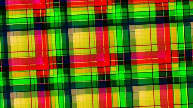 Vibrant tartan moir? pattern with intersecting lines in red, green, yellow, and black, creating a dynamic optical illusion and visual texture.