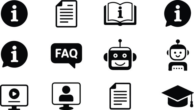 Vector icon set representing information, education, and support in various formats and styles for digital resources