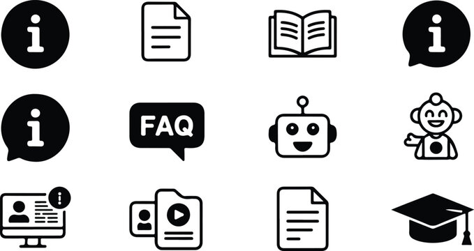 Vector icon set representing information, education, and support in various formats and styles for digital resources