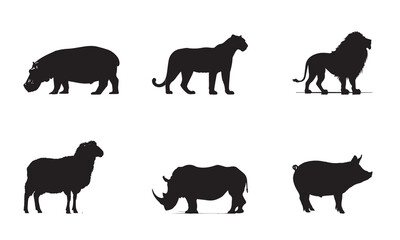 Silhouettes of a hippopotamus, rhinoceros, leopard, lion, sheep, and pig showcasing wildlife diversity, strength, adaptation, predator-prey dynamics, and natural habitats.