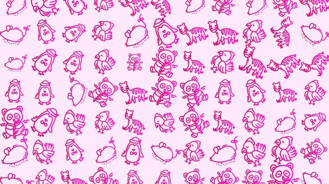 Doodle animal pattern cute cartoon seamless children pink perfect for kids' backgrounds, nursery decor, digital art, or playful design elements.