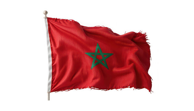 Waving National Flag of Morocco with Green Pentagram Seal of Solomon on Red Background