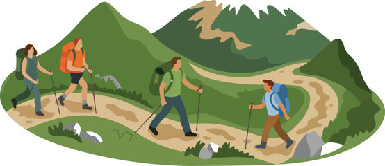 Fototapeta premium Group of three hikers with backpacks and trekking poles walking along a winding mountain trail in a green landscape