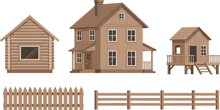 Flat vector illustration set of wooden cabin and log house collection with rustic timber buildings and garden fences for countryside living and rural architecture.