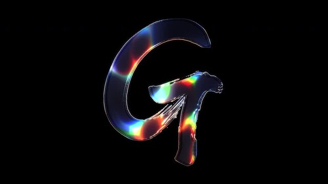 A brush-painted capital letter "G" shimmering with various colored lights on a glass-like surface with an alpha channel. Seamless loop video.