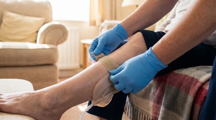 Naklejka premium Caregiver providing home healthcare by bandaging an elderly persons leg.