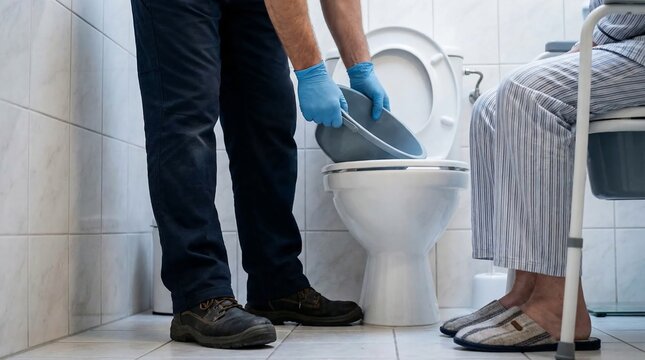 Caregiver providing personal hygiene assistance to an elderly person in the bathroom.