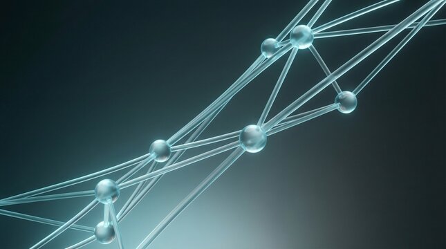 Glass network flow with interconnected spheres on dark background, Concept of Glasscore  