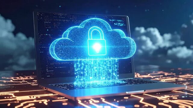 Cloud security concept with a laptop displaying a digital cloud and padlock.