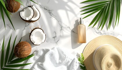 Marble surface with coconuts, palm leaves, lotion, and hat in bright sunlight