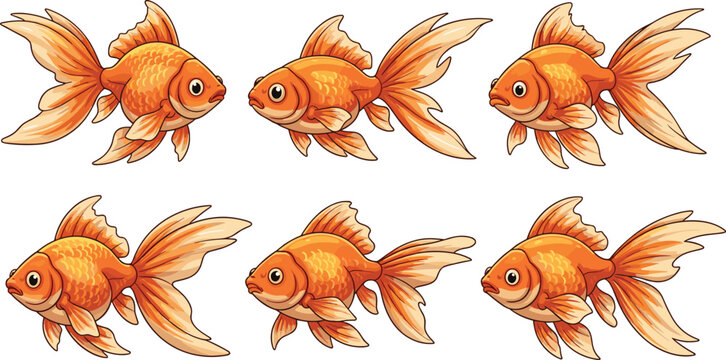 Flat vector illustration set of fresh goldfish collection with various poses and beautiful flowing fins for home aquarium pet shop and nature concept.