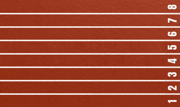 Top view running track with numbered lanes and clean white markings on red rubber surface, suitable for athletics themes, sport visuals, race concepts, training materials and fitness design projects.