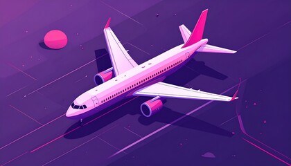 Stylized airplane illustration with magenta accents on purple runway