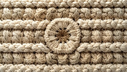Crochet texture with circular motif; braided details in neutral color scheme