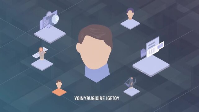 "Stylized digital illustration of faceless human head at center surrounded by technology and communication icons including camera, headset user, desk worker, computer screen with text, and satellite d