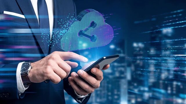 浮遊するクラウド共有アイコンとスマホで連絡を取るスーツ姿のビジネスマンの加速するビジネス戦略