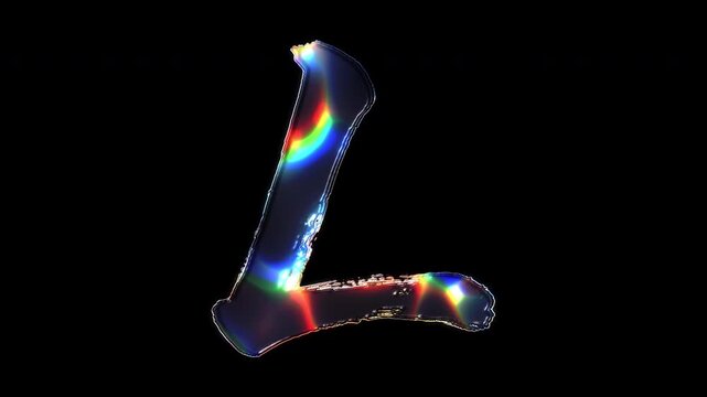 A brush-painted capital letter "L" shimmering with various colored lights on a glass-like surface with an alpha channel. Seamless loop video.