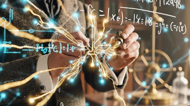 A man in a tweed jacket holding a device emitting sparks, surrounded by glowing blue lines and mathematical equations