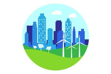 Fototapeta premium Modern eco city illustration with wind turbines, solar panels, and urban skyline. Clean flat design for renewable energy, green technology, sustainable development, smart city concept, 
