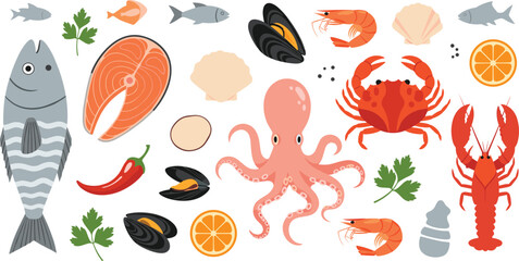 Flat vector illustration set of fresh seafood collection including fish octopus crab lobster shrimp mussels shells and spices for gourmet cooking and nutrition. © Aminul