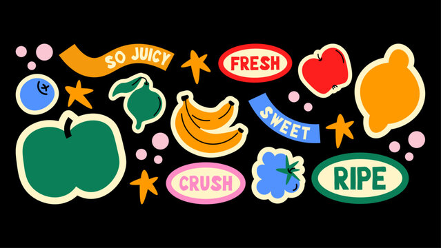 Groovy Y2K cartoon patches with hand-drawn doodle style. Retro labels, stamps and stickers in funky grunge 90s aesthetic. Modern promo vector set.