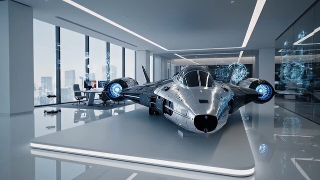 Futuristic car in a modern showroom.