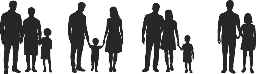 Family silhouettes illustration with diverse parents and children, family bonds, unity, family composition concept, black and white artwork design